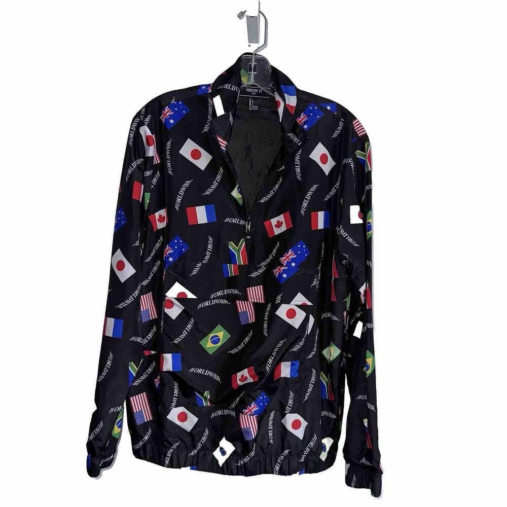 Forever 21 Men’s Worldwide Flag Pullover Windbreaker Small Black International
